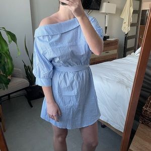 Cute blue and white stripe off the shoulder summer dress